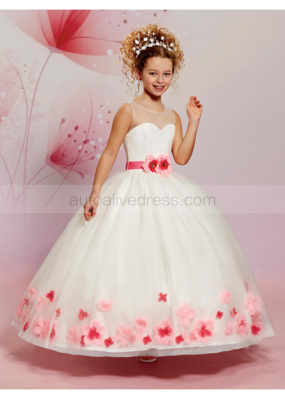 Illusion Neck Tulle Long Flower Girl Dress Cheap Kids Dress